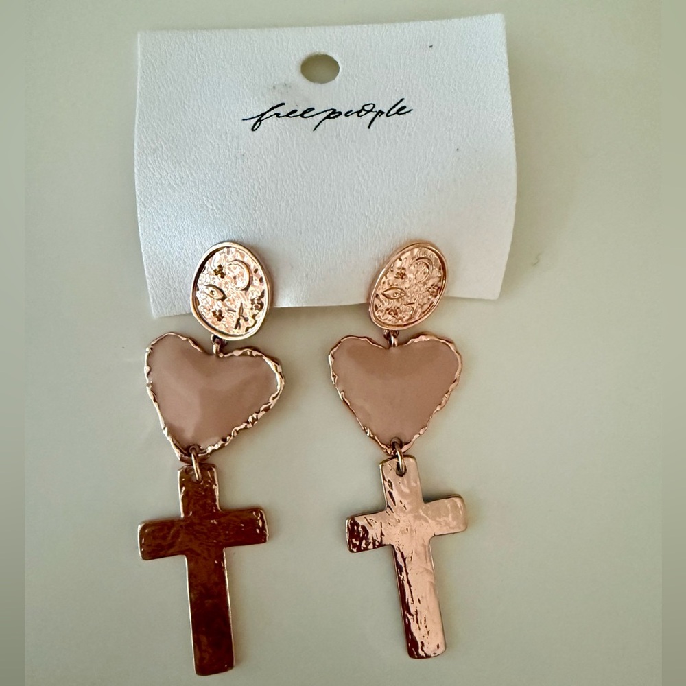 NWT Free People Rose Gold Cross Heart Dangle Earrings